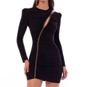 NEW Helsi Josephine Black Gold Crystal Rope Asymmetric Long Sleeve Mini Dress